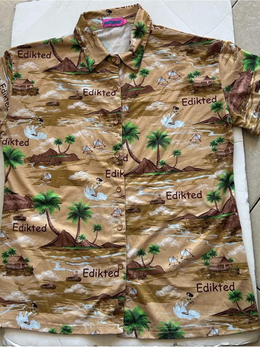 Edikted Tan Short Sleeve Shirt with Green Palm Print